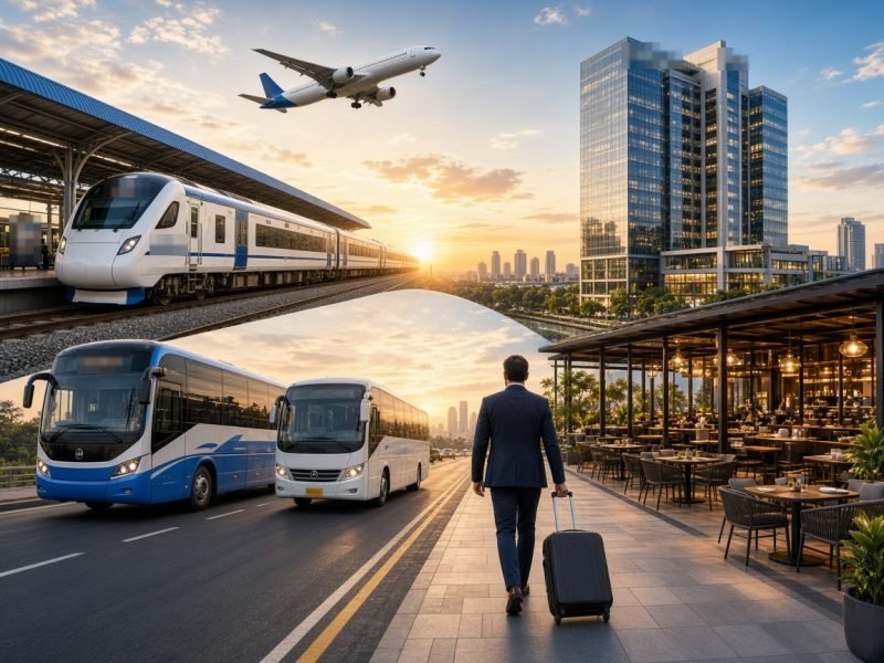 A train, an aircraft, coach buses, a hotel and a restaurant terrace with a business traveller