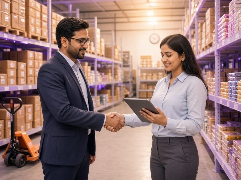 A business owner and a supplier shaking hands in a wholesale warehouse