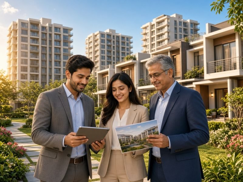 A property referrer showing a family new homes on a tablet outside a residential complex