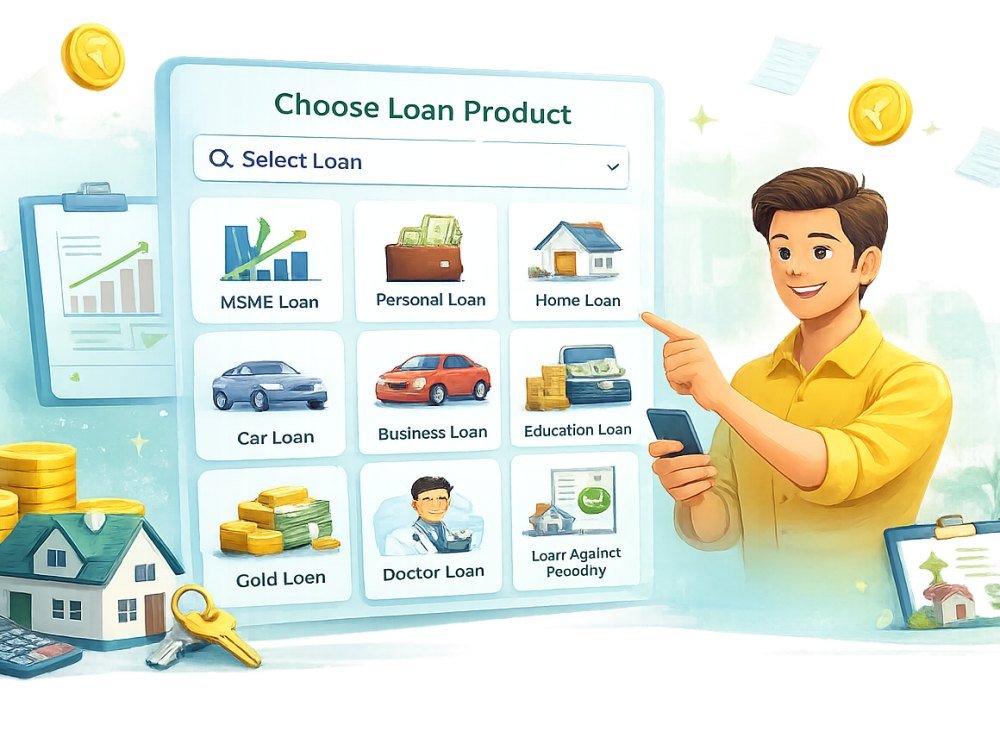 RupeeDial website: choose a loan product from MSME, personal, home, car, business, education and gold loans