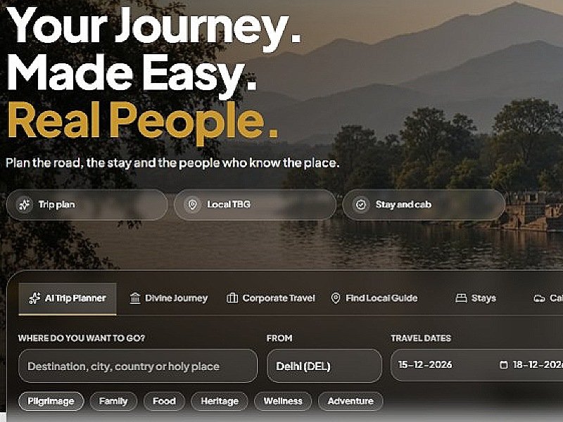 TravelBridge website: Your Journey. Made Easy. Real People. — with an AI trip planner over a riverside temple view