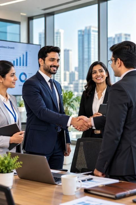 Business professionals shaking hands in a corporate meeting room