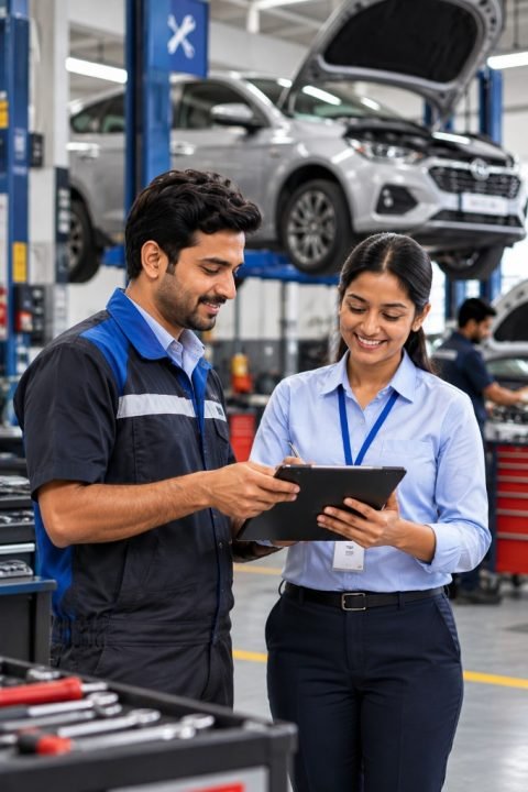Two automotive workshop professionals reviewing a job on a tablet