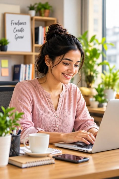 An Indian woman freelancer smiling while working on a laptop at her desk