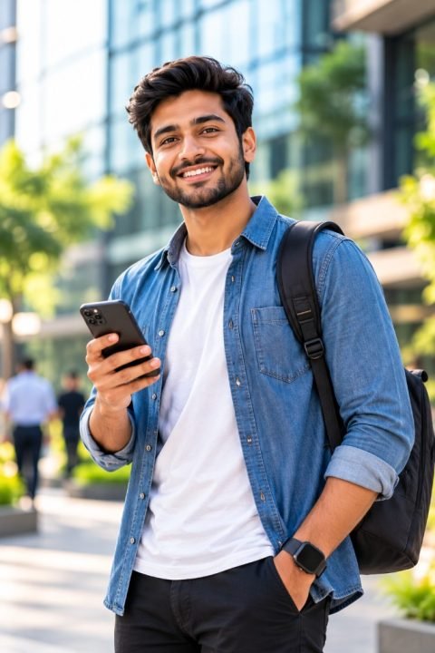A young Indian professional smiling and holding a smartphone outside an office building