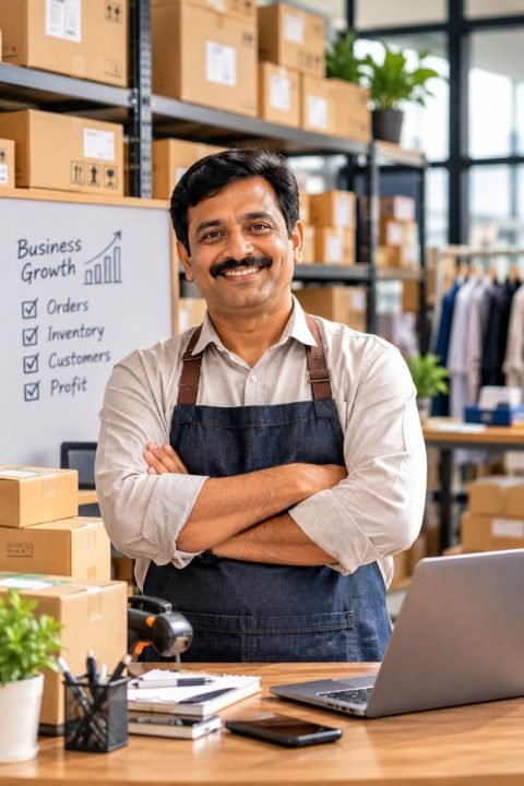 An Indian small-business owner standing with arms crossed in his stockroom
